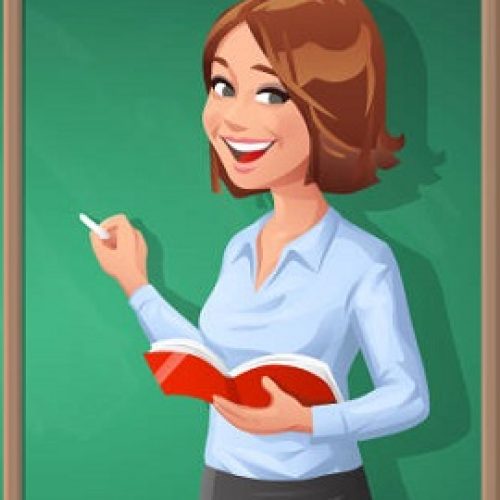 A young cheerful female teacher with a book in her hand, looking at the camera, writing on a blackboard. Vector illustration with space for text.